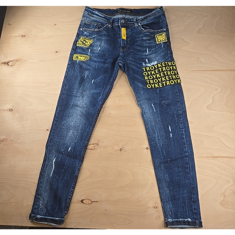 Mario Morato Denim Jeans Skinny Fit 32 Streetwear Distressed Patches Button Fly